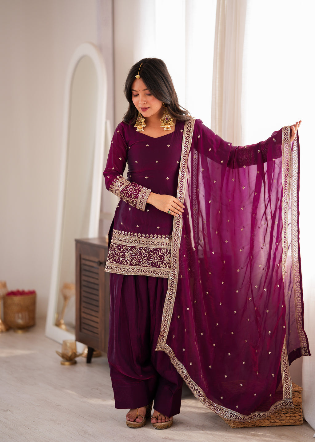 Wine Heavy Fendy Silk Jari Sequence Work Farshi Suit Set
