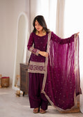 Wine Heavy Fendy Silk Jari Sequence Work Farshi Suit Set
