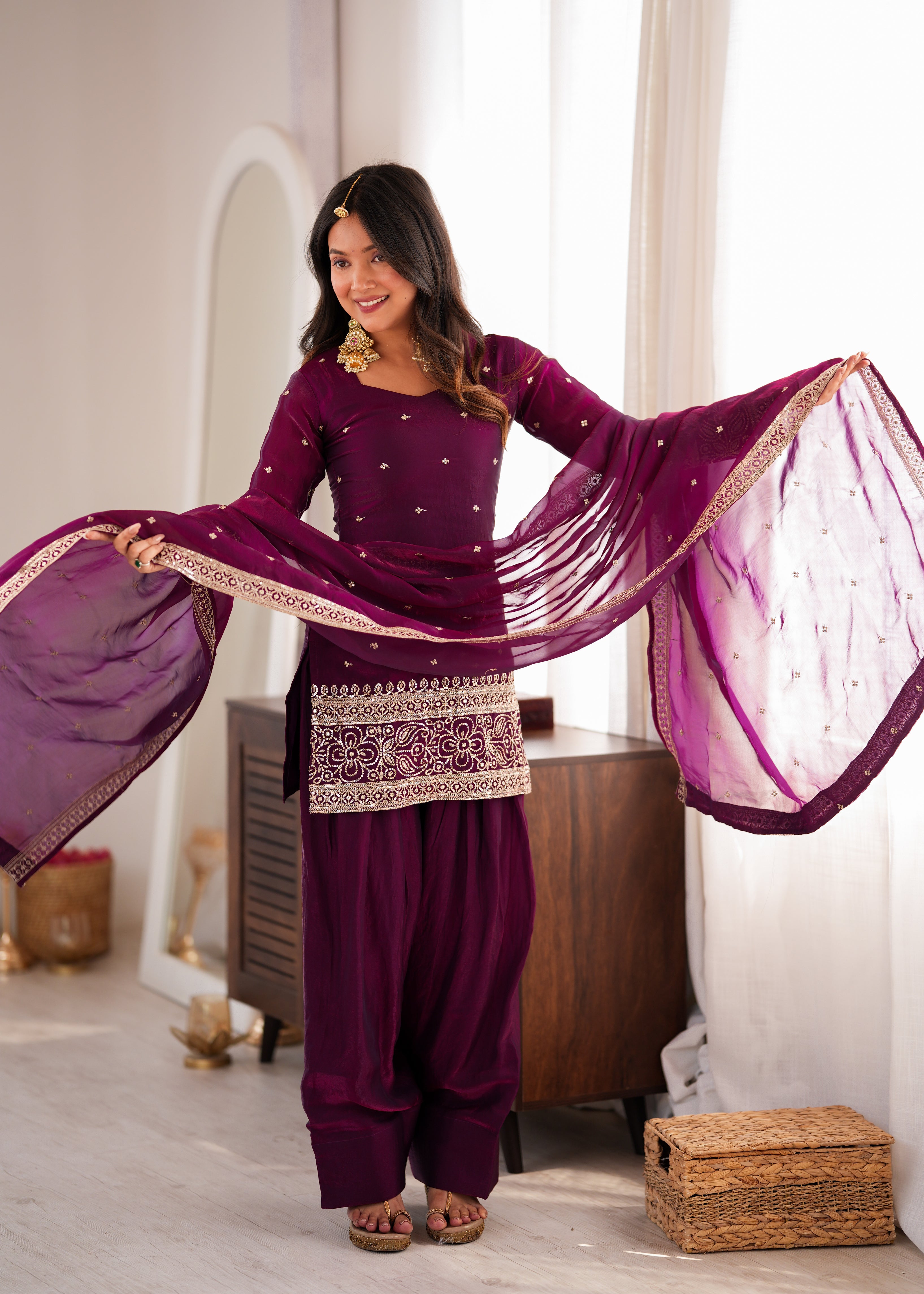 Wine Heavy Fendy Silk Jari Sequence Work Farshi Suit Set
