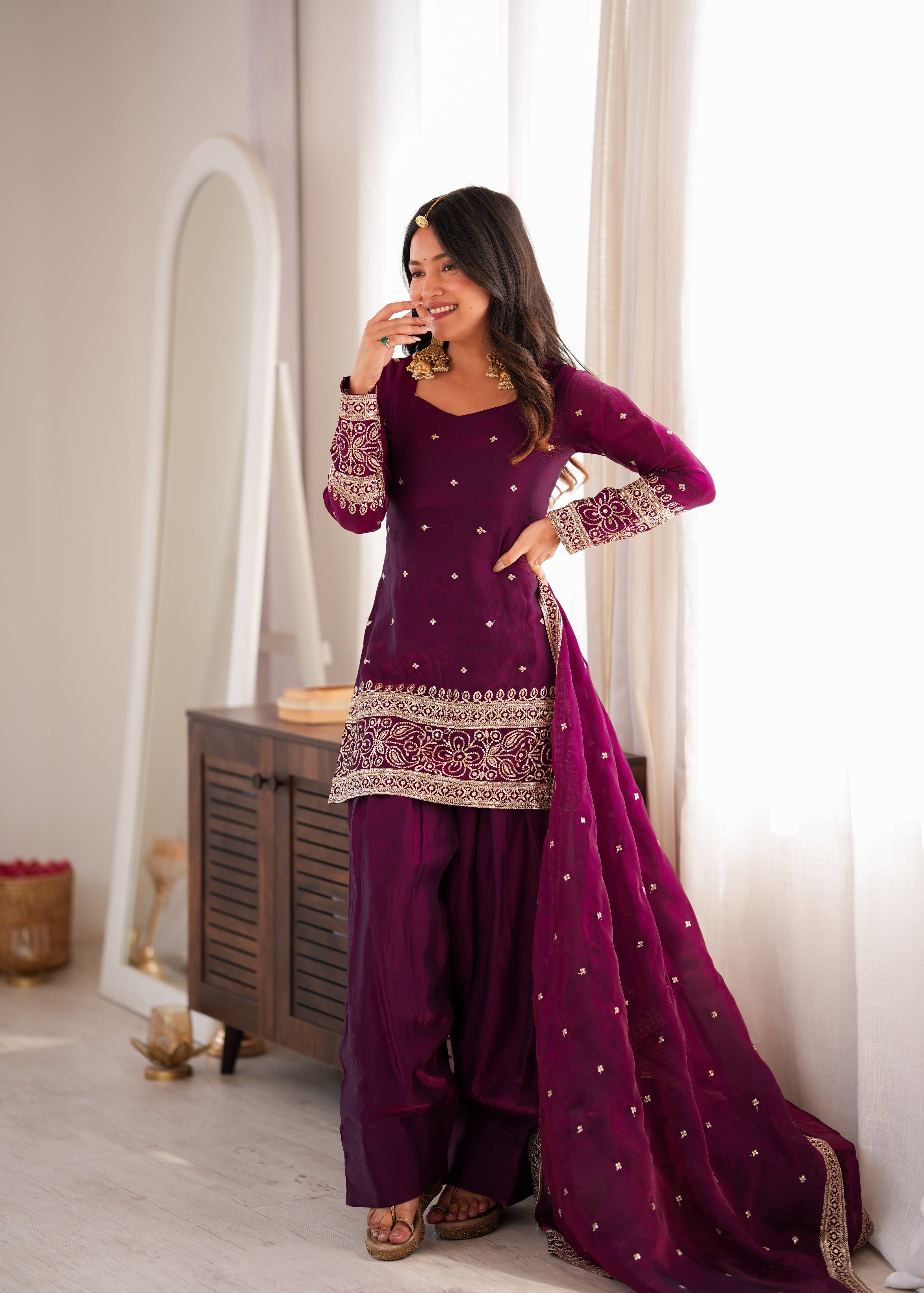 Wine Heavy Fendy Silk Jari Sequence Work Farshi Suit Set
