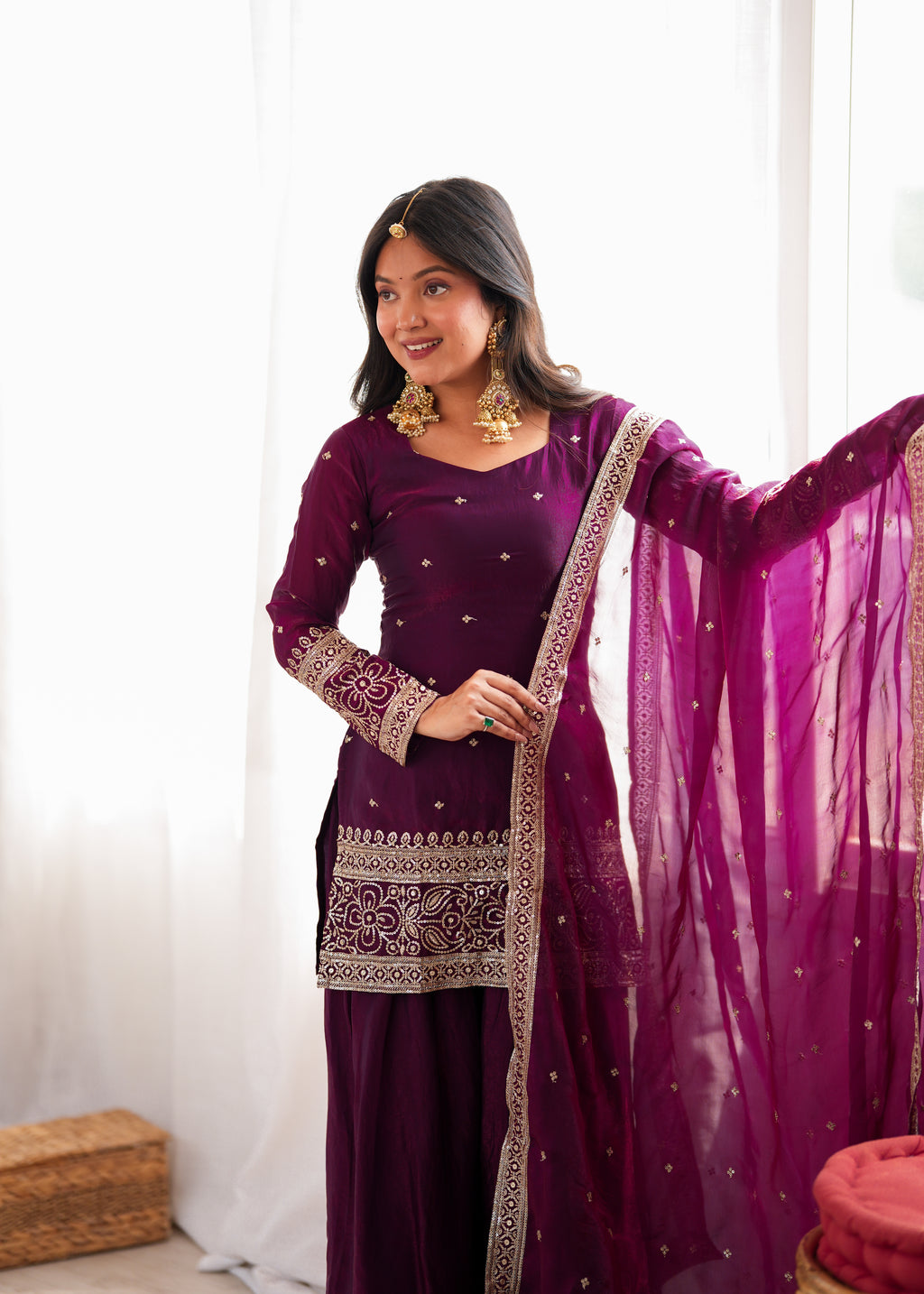Wine Heavy Fendy Silk Jari Sequence Work Farshi Suit Set
