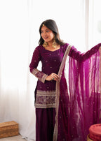 Wine Heavy Fendy Silk Jari Sequence Work Farshi Suit Set
