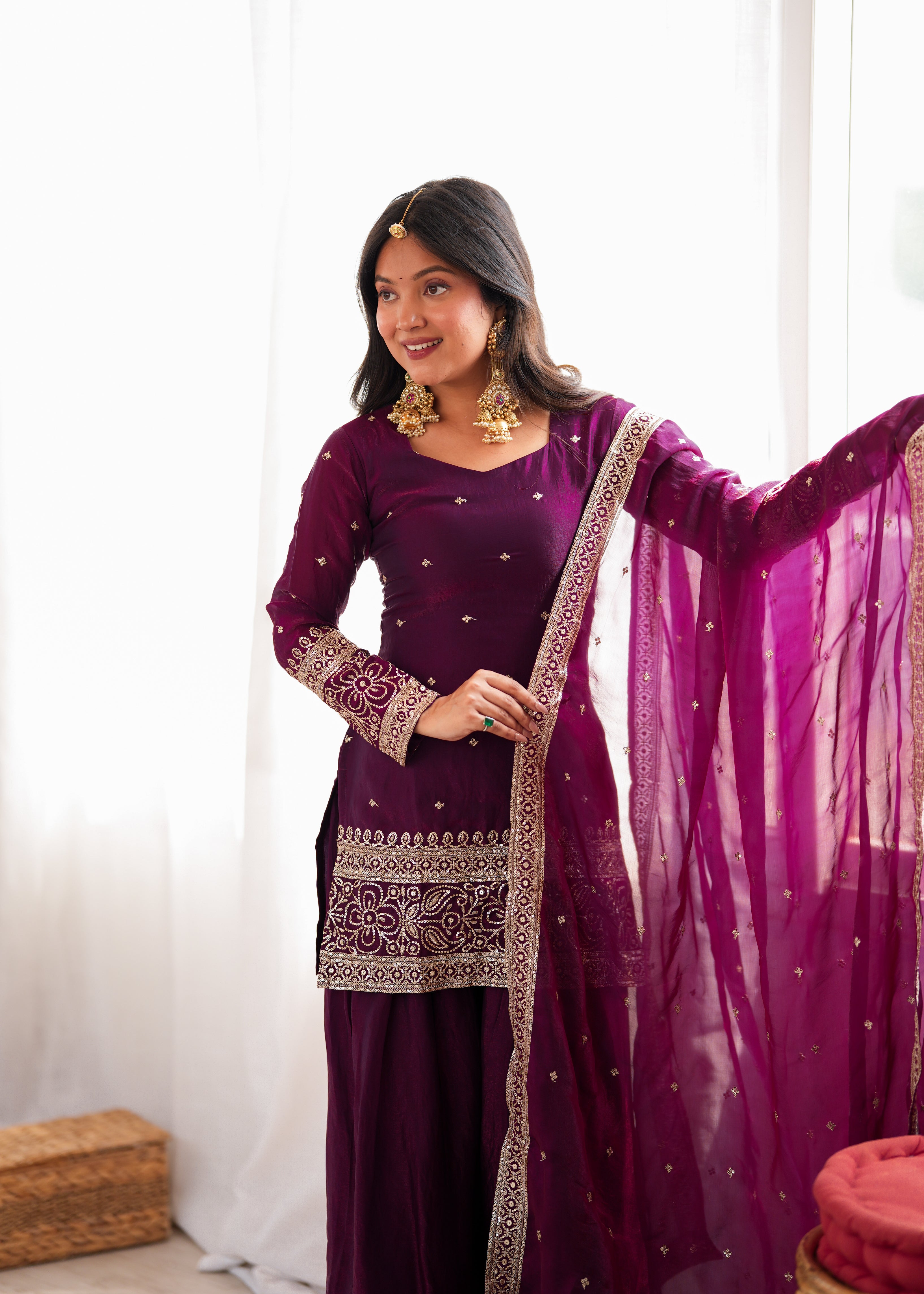 Wine Heavy Fendy Silk Jari Sequence Work Farshi Suit Set
