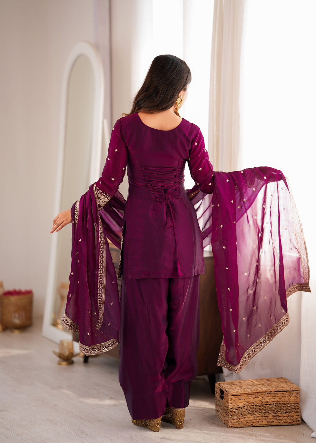 Wine Heavy Fendy Silk Jari Sequence Work Farshi Suit Set
