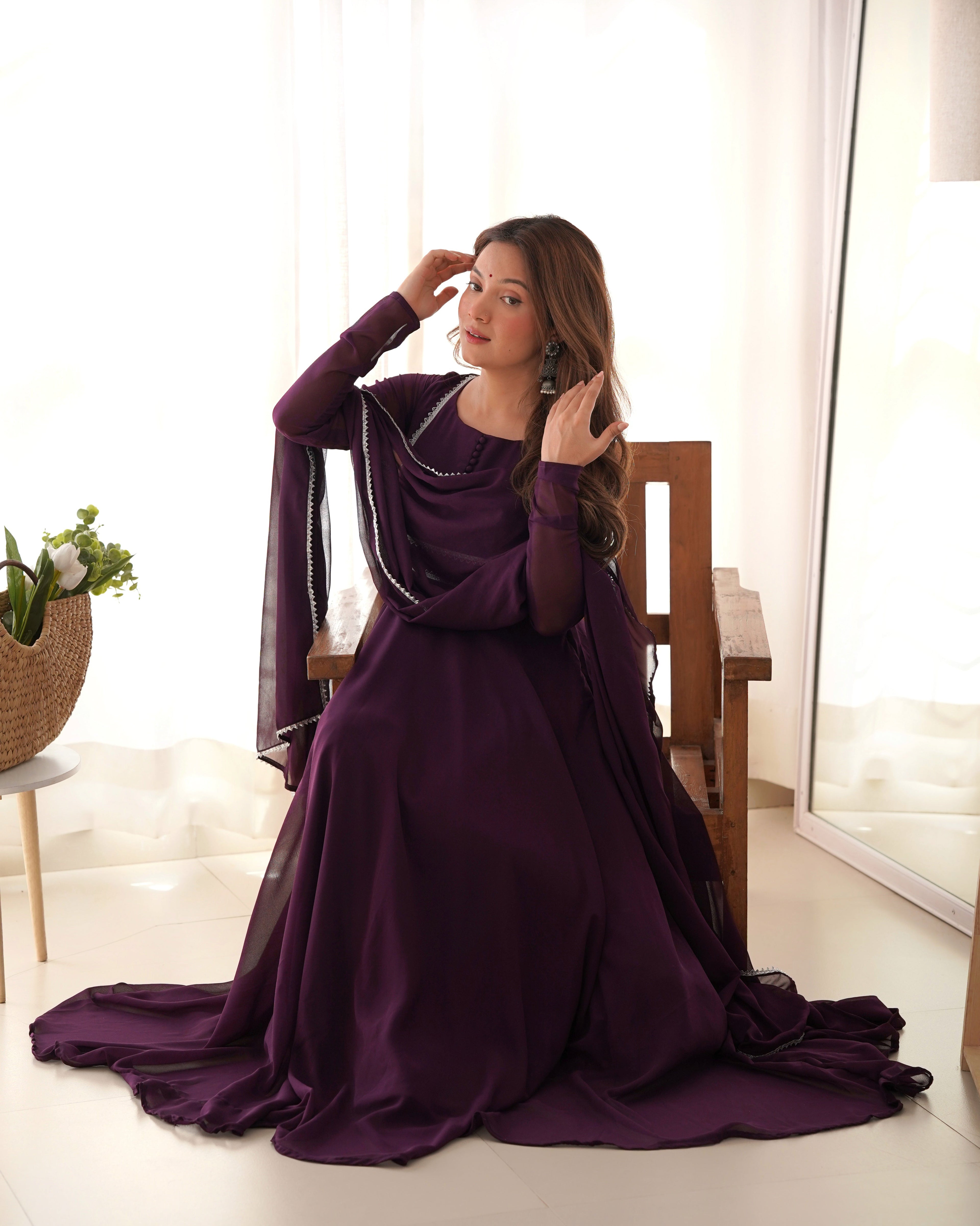 Wine Color Georgette Three Piece Anarkali Suit
