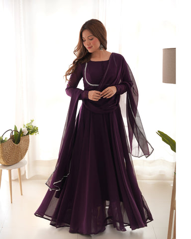 Wine Color Georgette Three Piece Anarkali Suit
