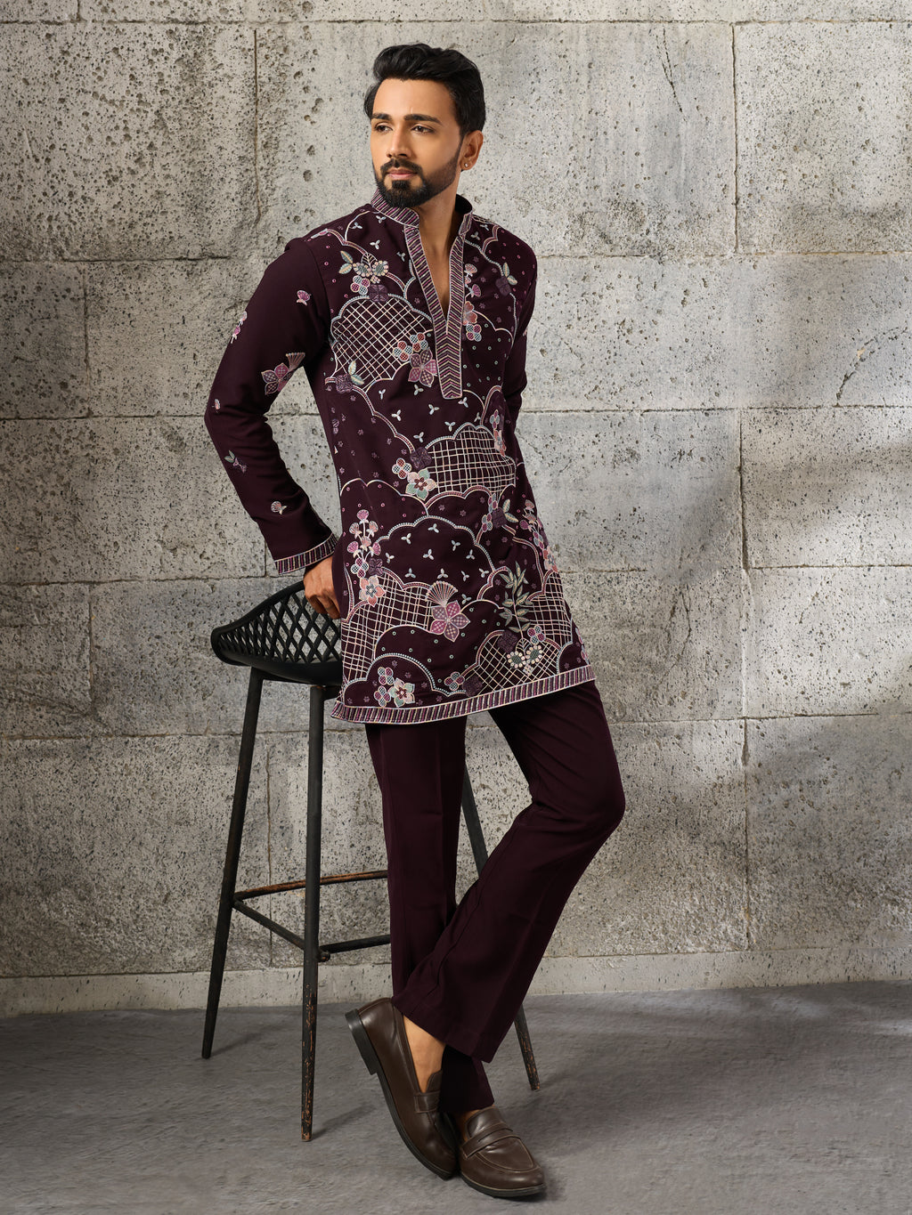 Stylish Wine Japanese Lachka Embroidered V Neack Kurta Bottom Set

