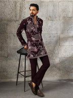 Stylish Wine Japanese Lachka Embroidered V Neack Kurta Bottom Set
