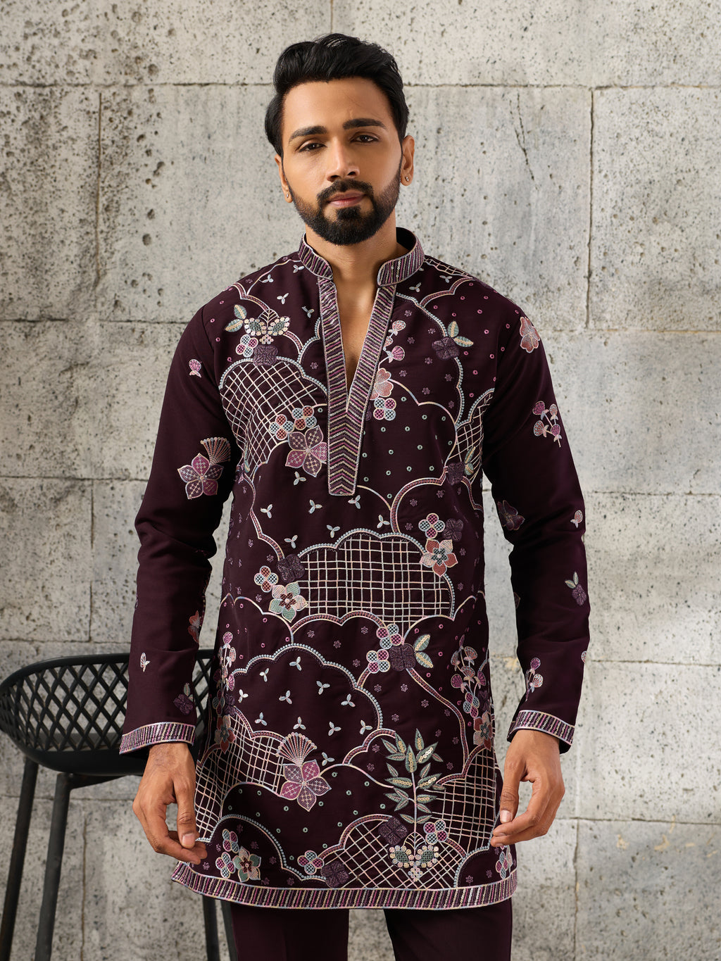 Stylish Wine Japanese Lachka Embroidered V Neack Kurta Bottom Set
