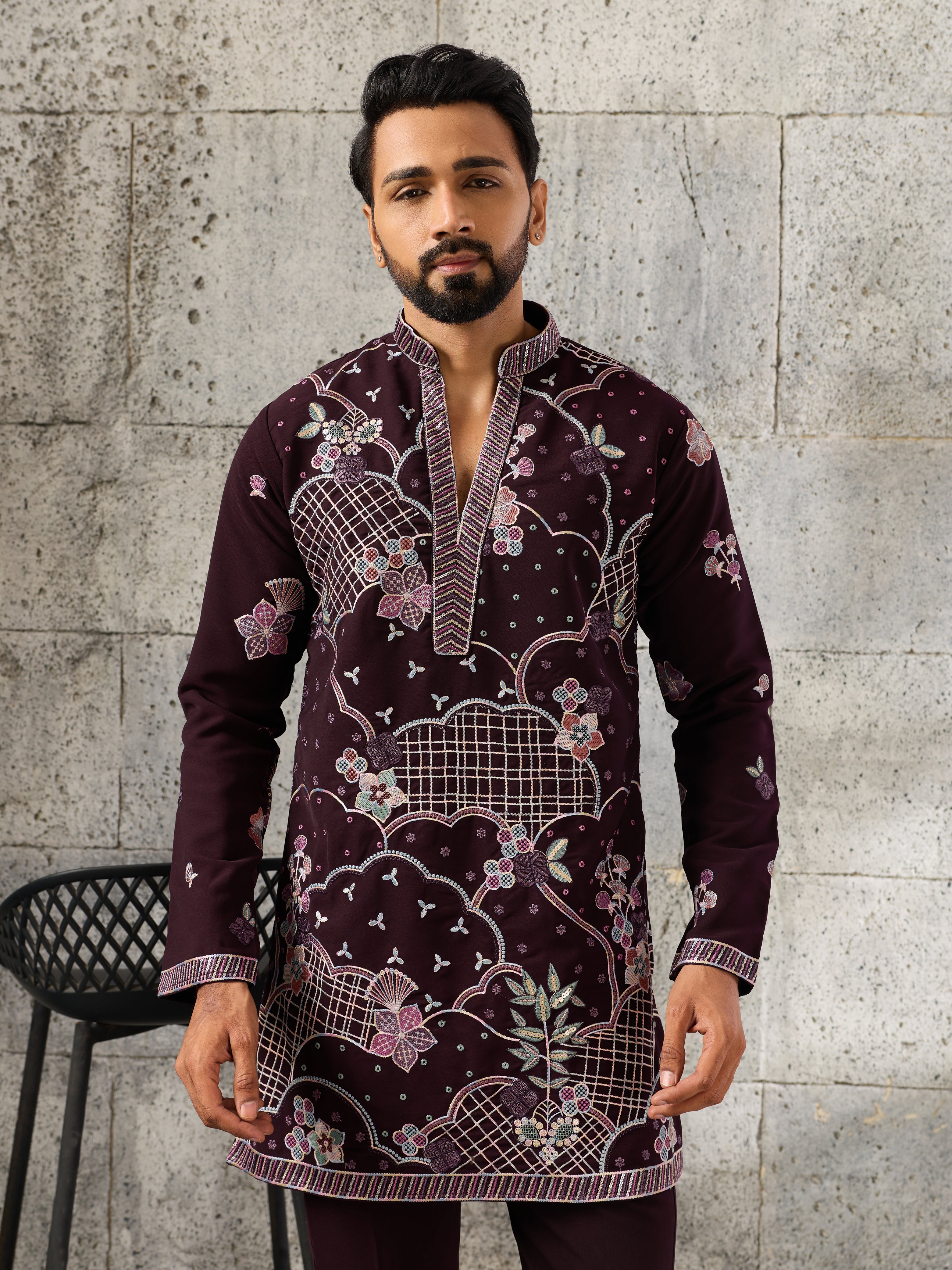 Stylish Wine Japanese Lachka Embroidered V Neack Kurta Bottom Set
