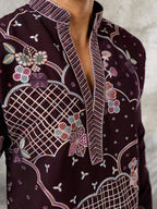 Stylish Wine Japanese Lachka Embroidered V Neack Kurta Bottom Set
