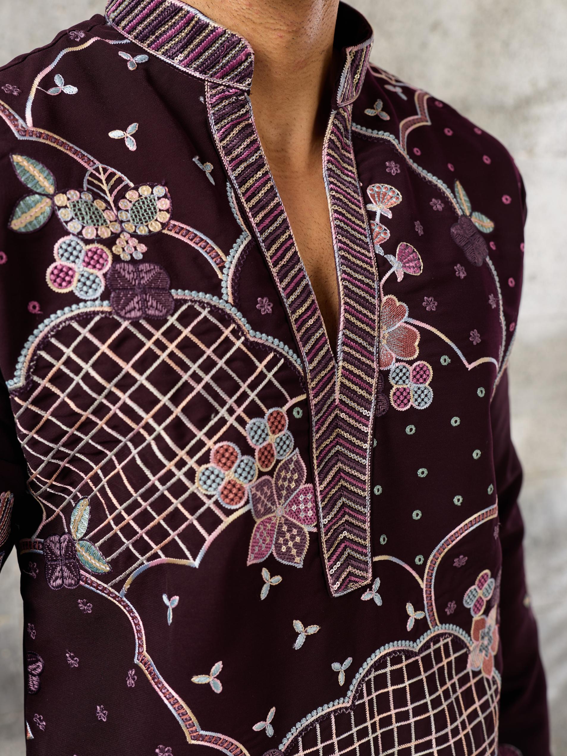 Stylish Wine Japanese Lachka Embroidered V Neack Kurta Bottom Set
