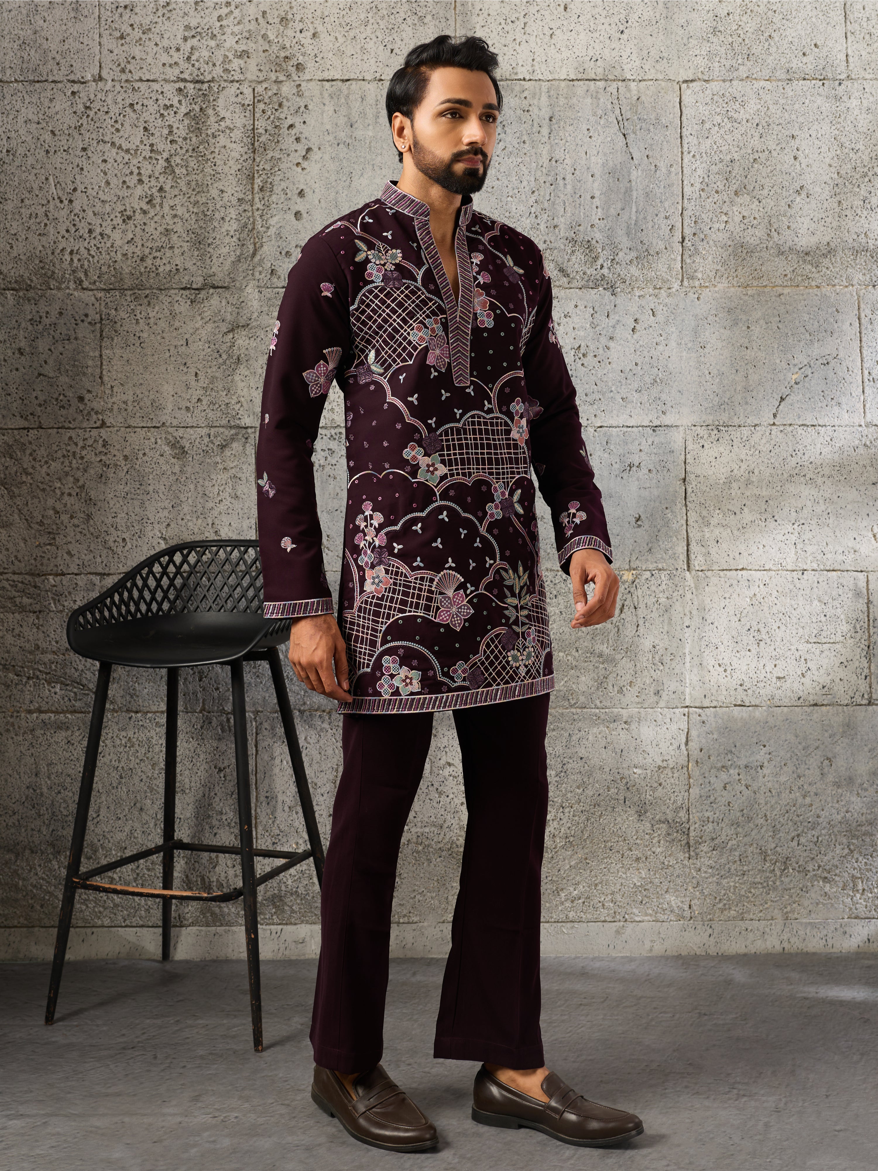 Stylish Wine Japanese Lachka Embroidered V Neack Kurta Bottom Set
