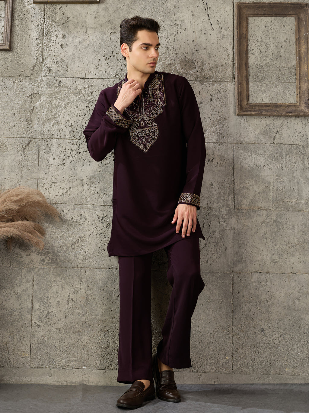 Wine Japanese Armani Lachka Beads & Pearl Kurta Set | Tulip Designer
