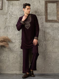 Wine Japanese Armani Lachka Beads & Pearl Kurta Set | Tulip Designer
