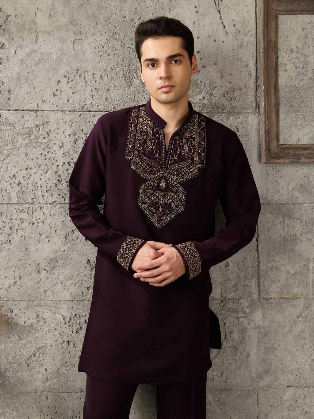 Wine Japanese Armani Lachka Beads & Pearl Kurta Set | Tulip Designer
