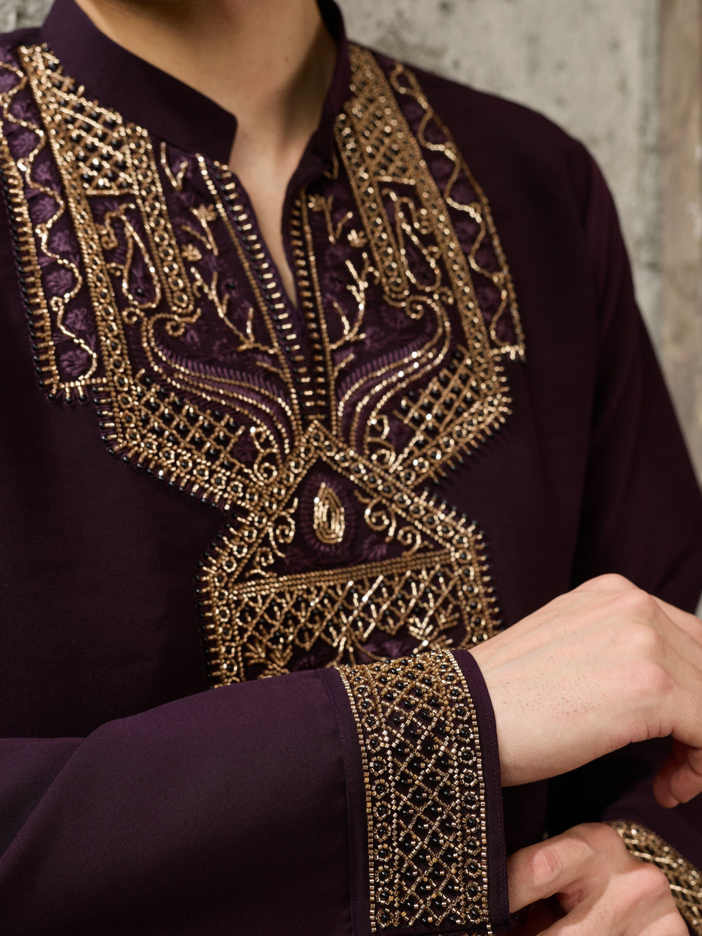 Wine Japanese Armani Lachka Beads & Pearl Kurta Set | Tulip Designer
