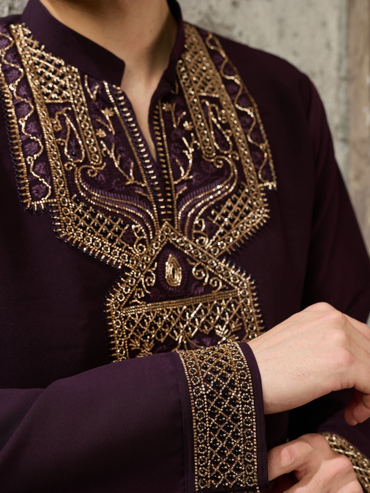 Wine Japanese Armani Lachka Beads & Pearl Kurta Set | Tulip Designer
