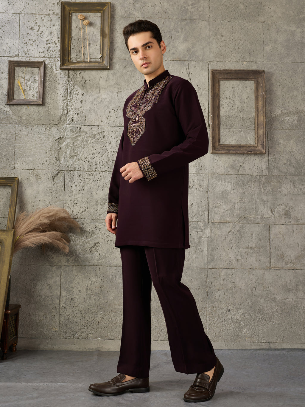 Wine Japanese Armani Lachka Beads & Pearl Kurta Set | Tulip Designer
