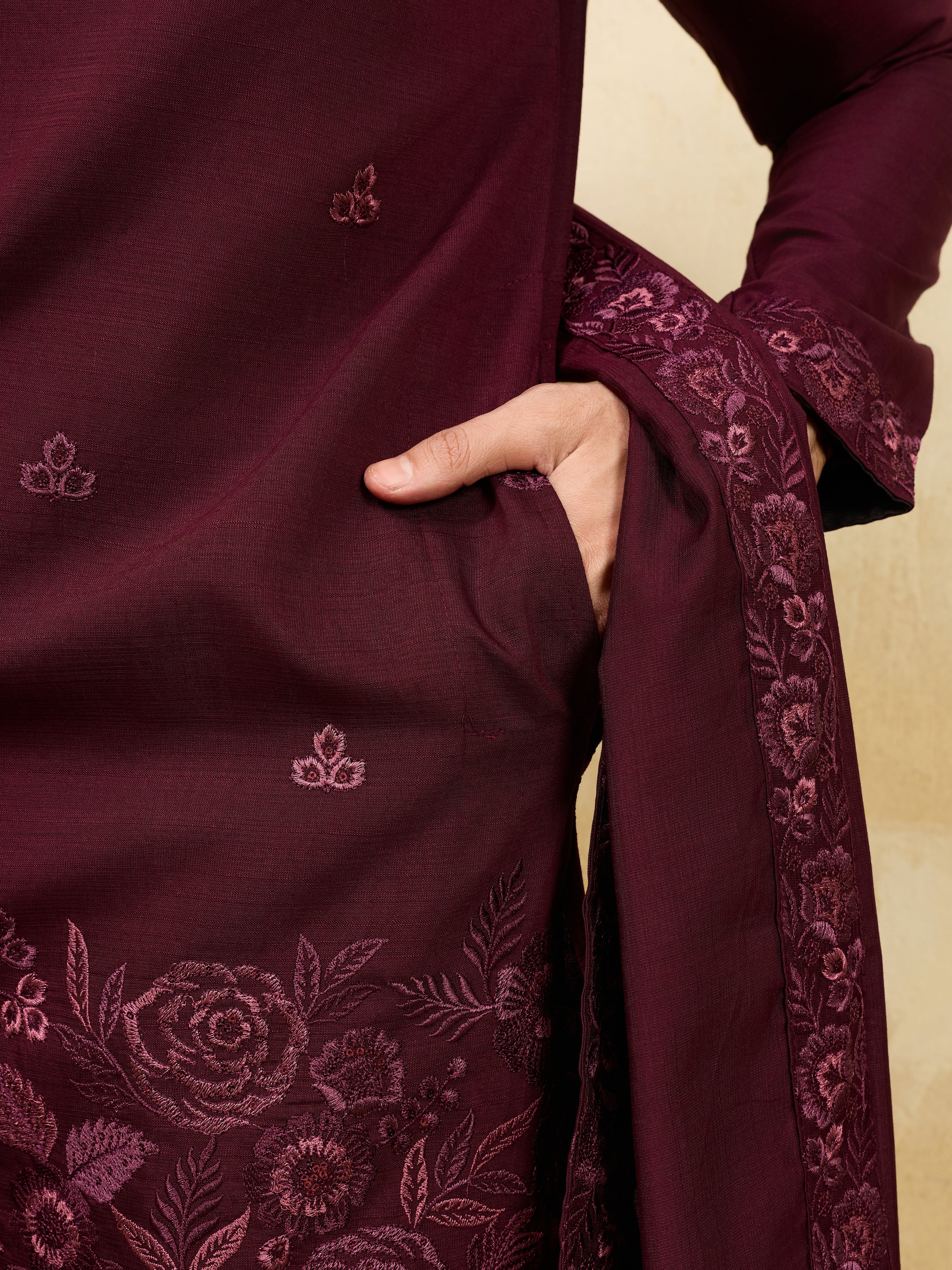 Royal Wine Viscose Silk Thread & Sequence Work Kurta & Dupatta Set
