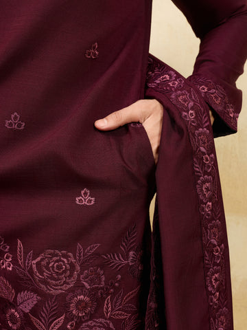 Royal Wine Viscose Silk Thread & Sequence Work Kurta & Dupatta Set
