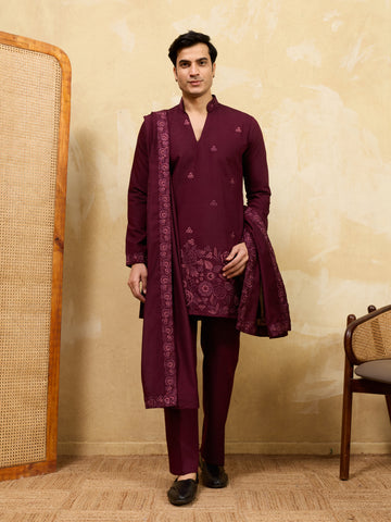 Royal Wine Viscose Silk Thread & Sequence Work Kurta & Dupatta Set
