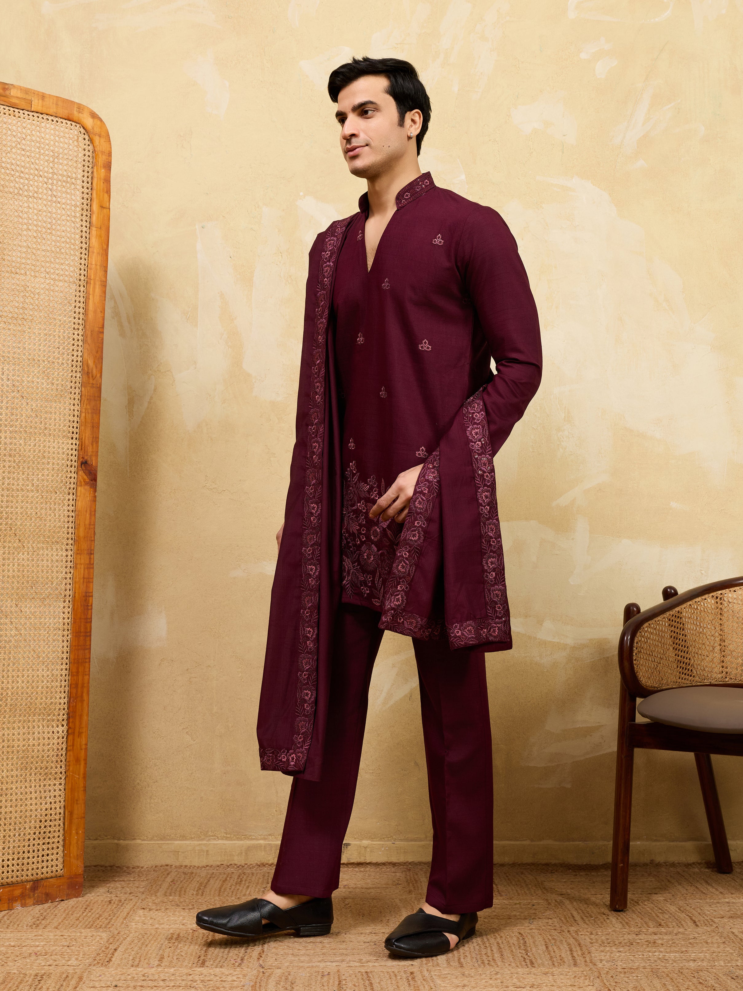 Royal Wine Viscose Silk Thread & Sequence Work Kurta & Dupatta Set
