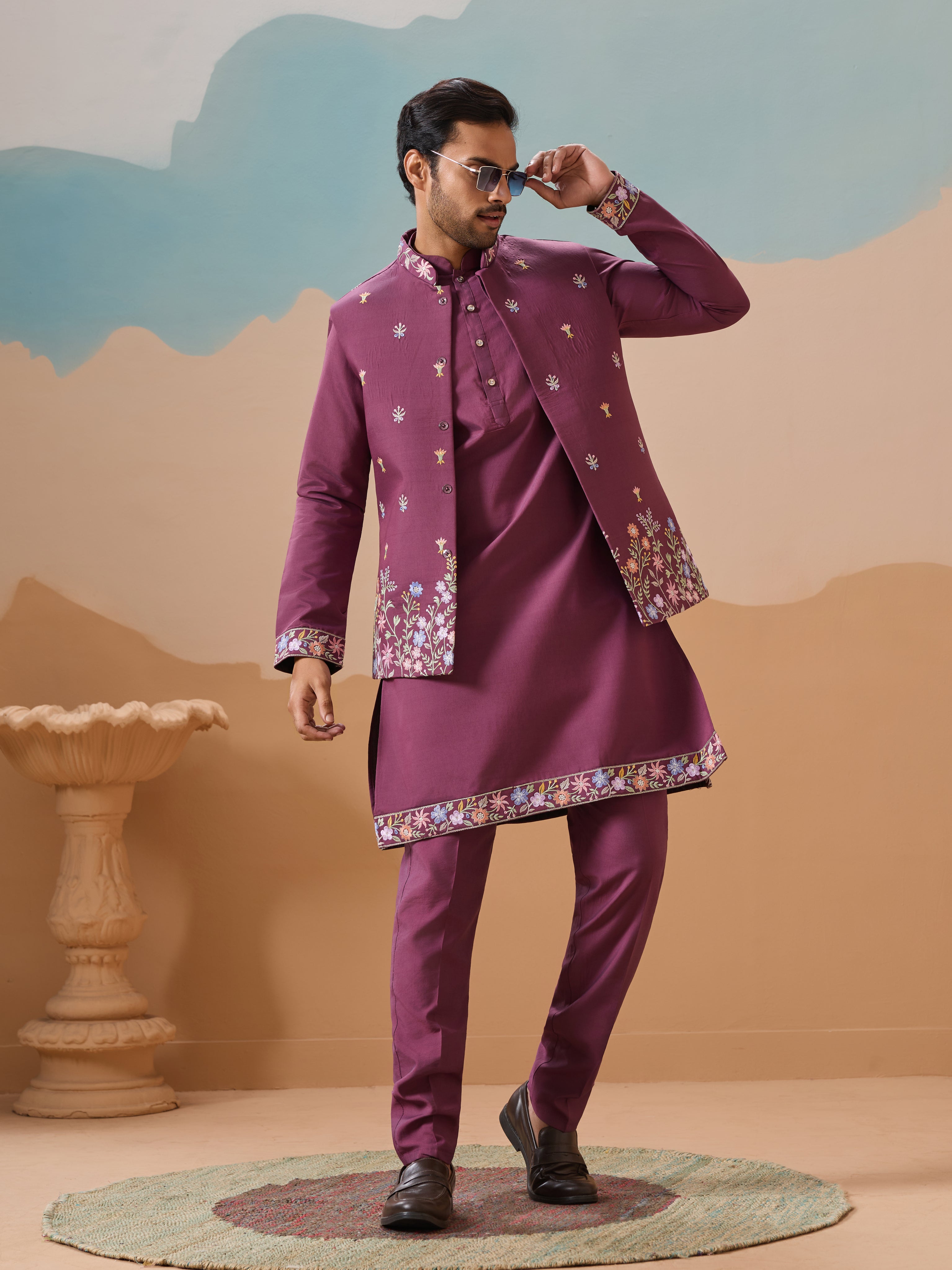 Wine Color Embroidered Kurta Jacket with Pant for Mens