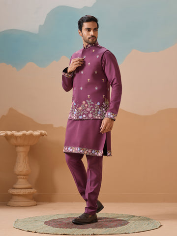 Wine Color Embroidered Kurta Jacket with Pant for Mens