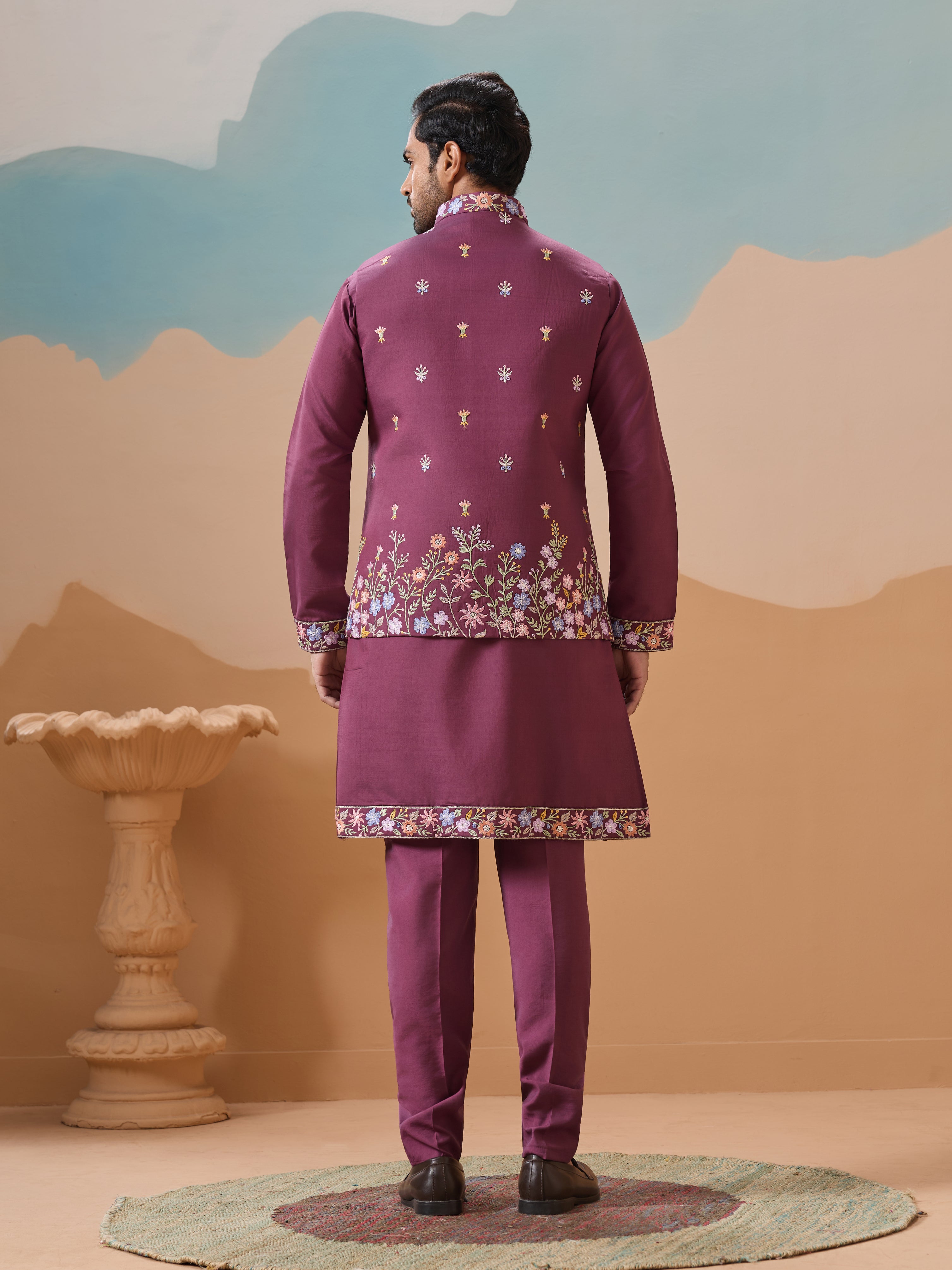 Wine Color Embroidered Kurta Jacket with Pant for Mens
