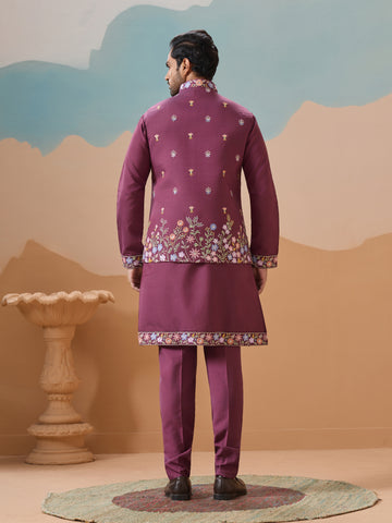 Wine Color Embroidered Kurta Jacket with Pant for Mens
