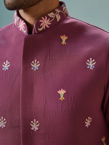 Wine Color Embroidered Kurta Jacket with Pant for Mens
