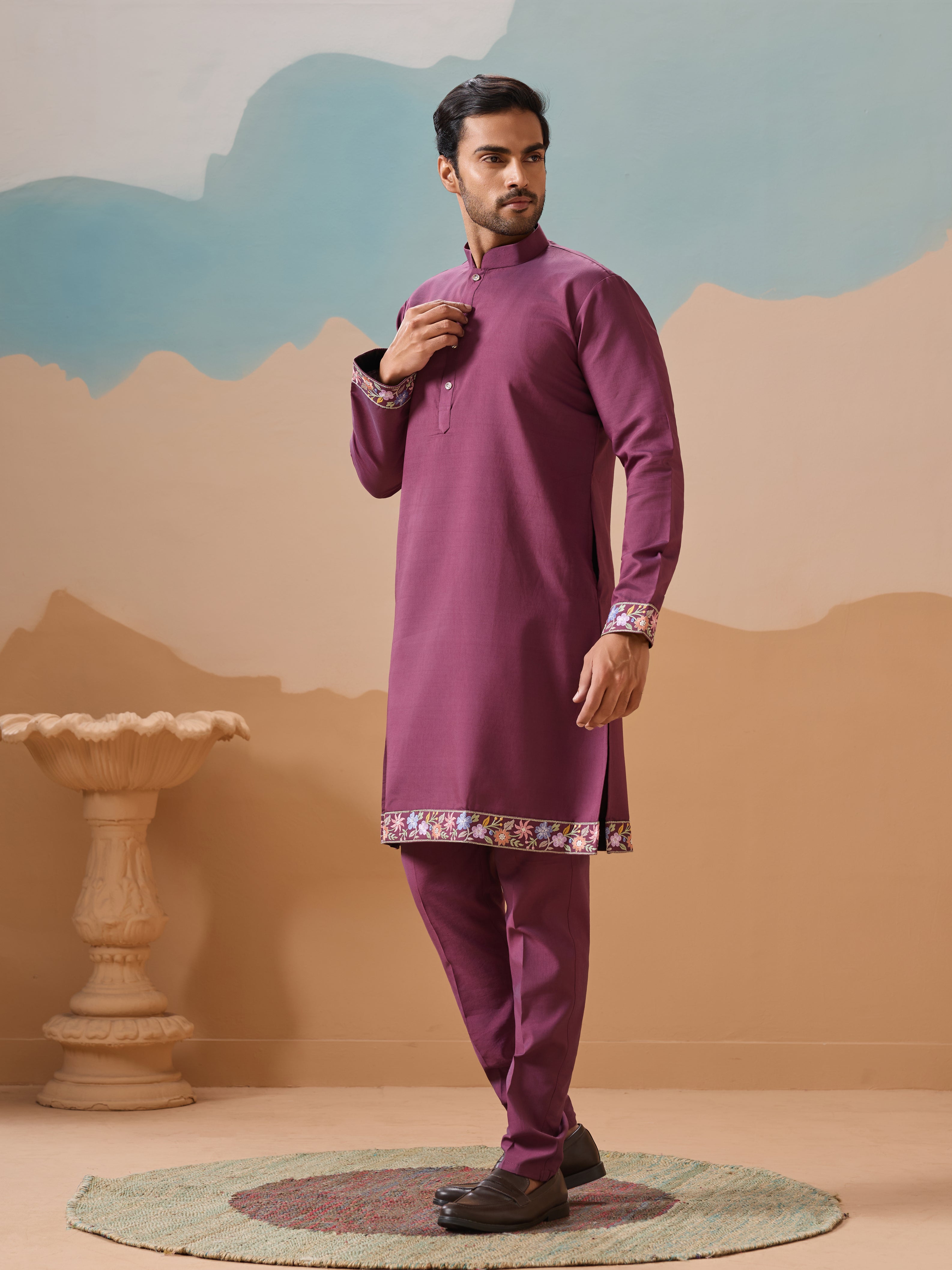 Wine Color Embroidered Kurta Jacket with Pant for Mens
