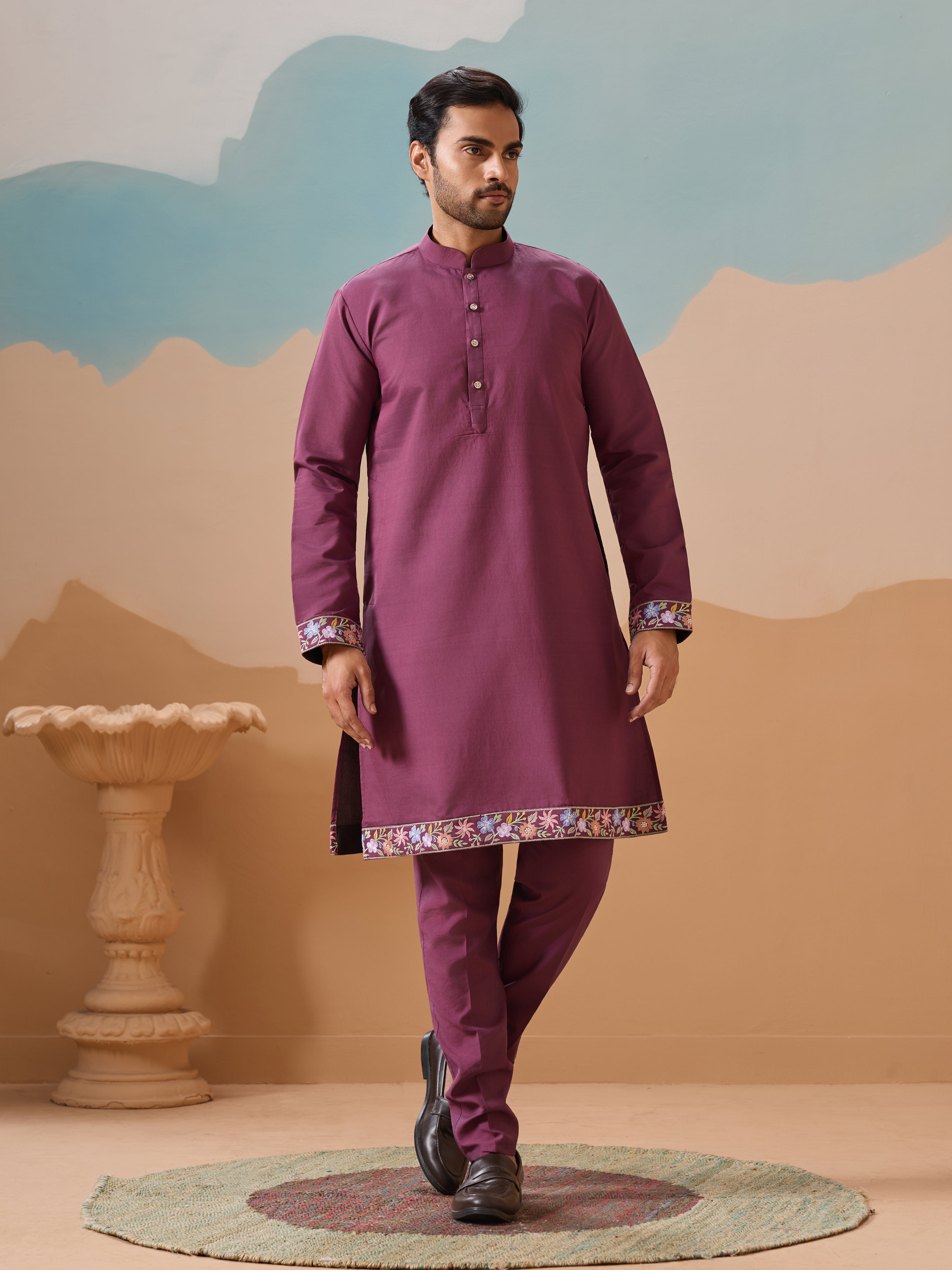 Wine Color Embroidered Kurta Jacket with Pant for Mens