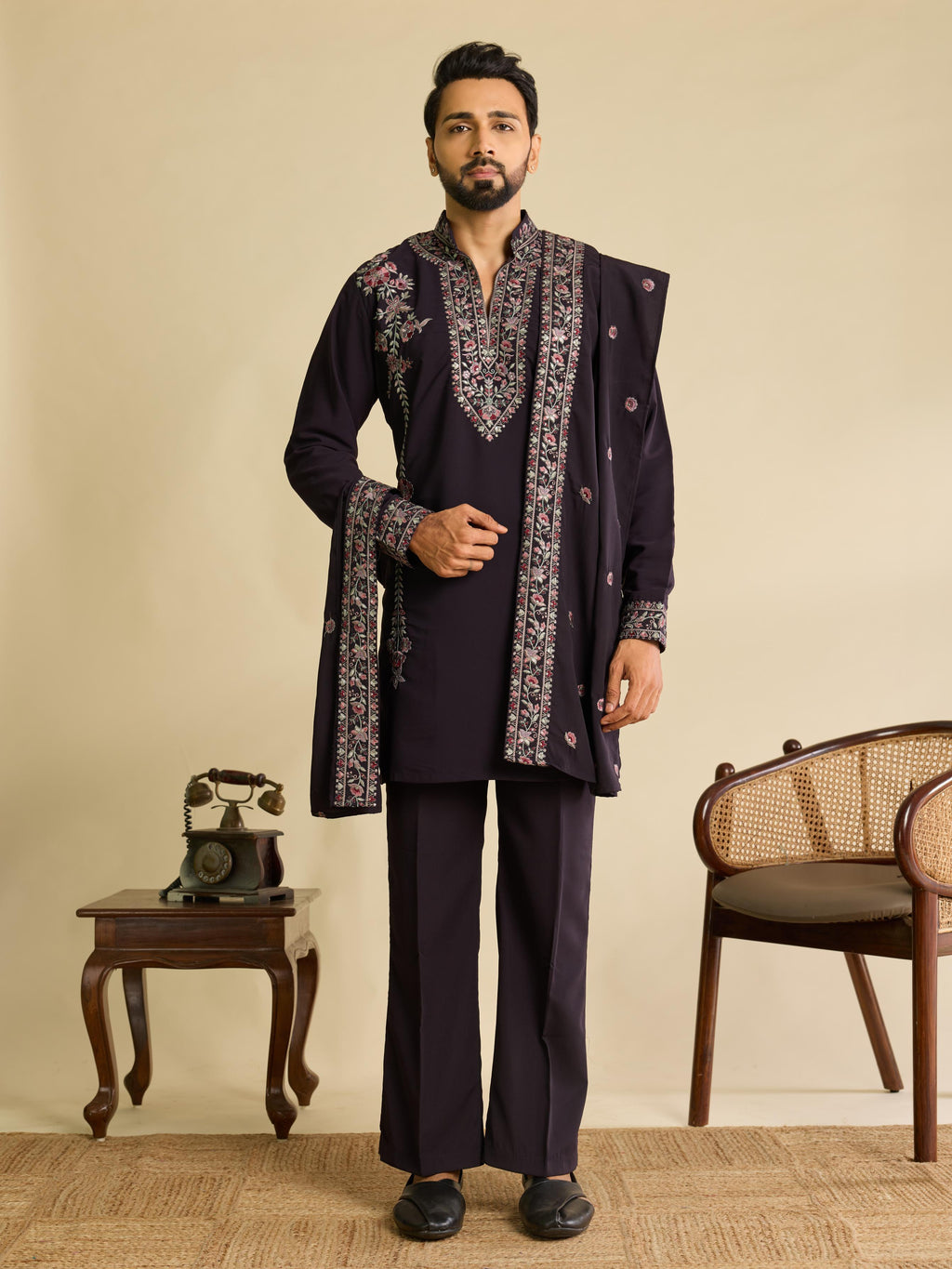Bold Wine Japanese Lachka Embroidered Kurta Dupatta Pant Set
