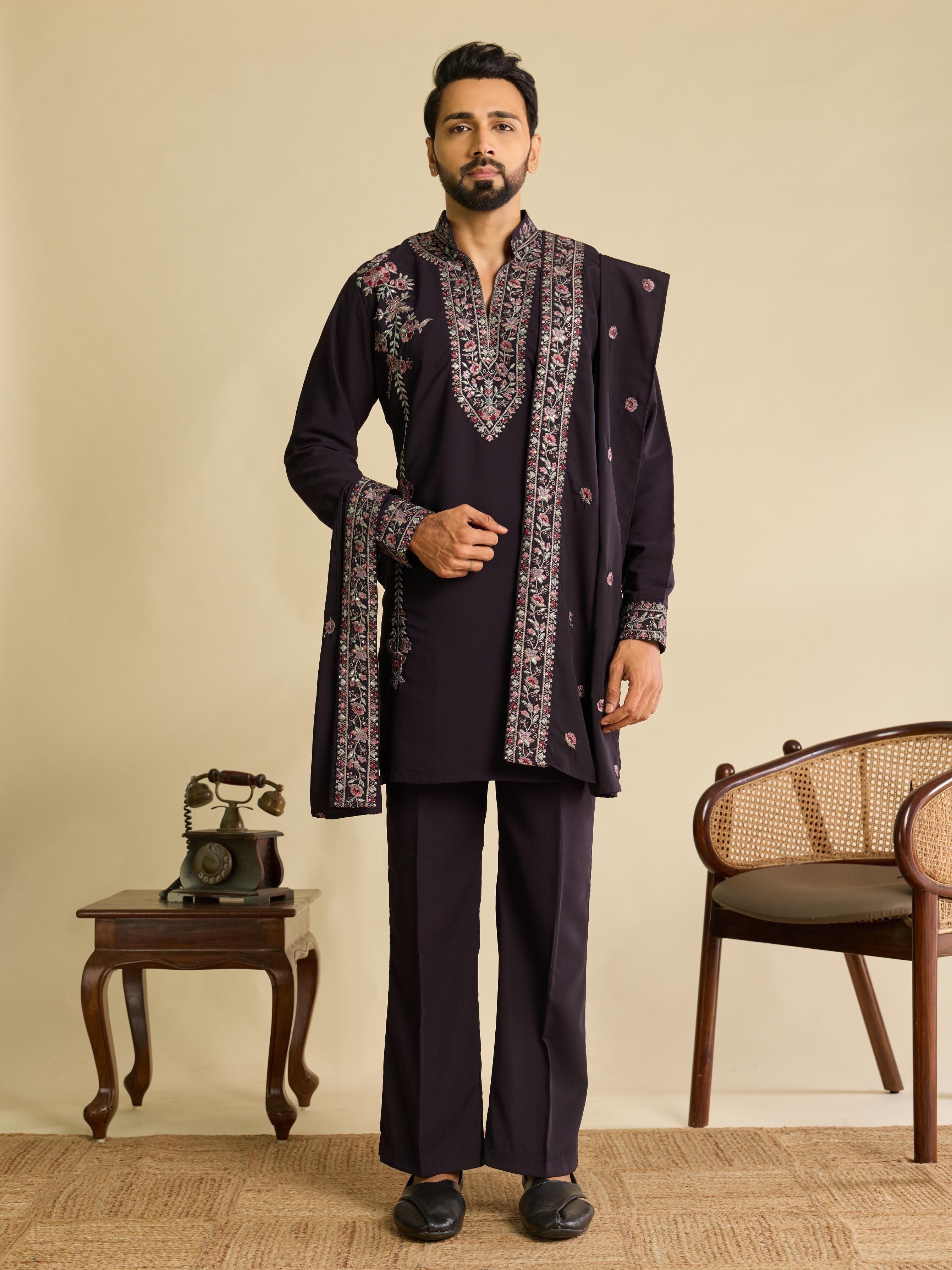 Bold Wine Japanese Lachka Embroidered Kurta Dupatta Pant Set
