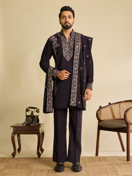 Bold Wine Japanese Lachka Embroidered Kurta Dupatta Pant Set
