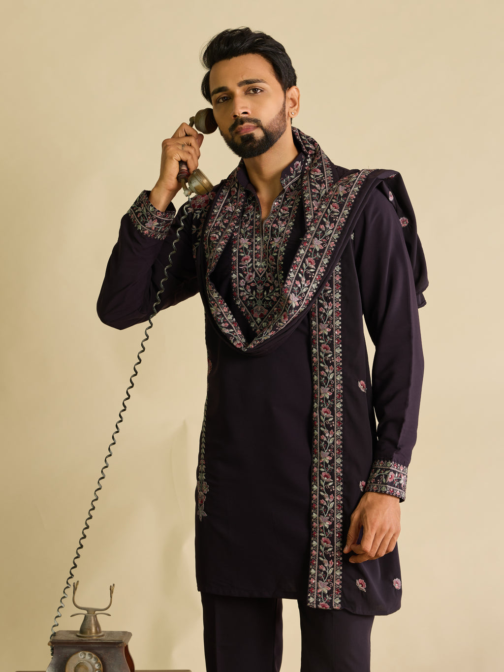 Bold Wine Japanese Lachka Embroidered Kurta Dupatta Pant Set

