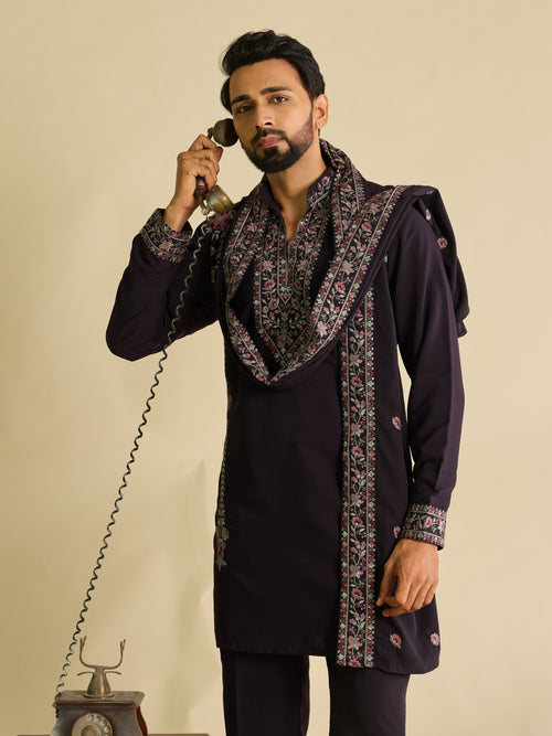 Bold Wine Japanese Lachka Embroidered Kurta Dupatta Pant Set
