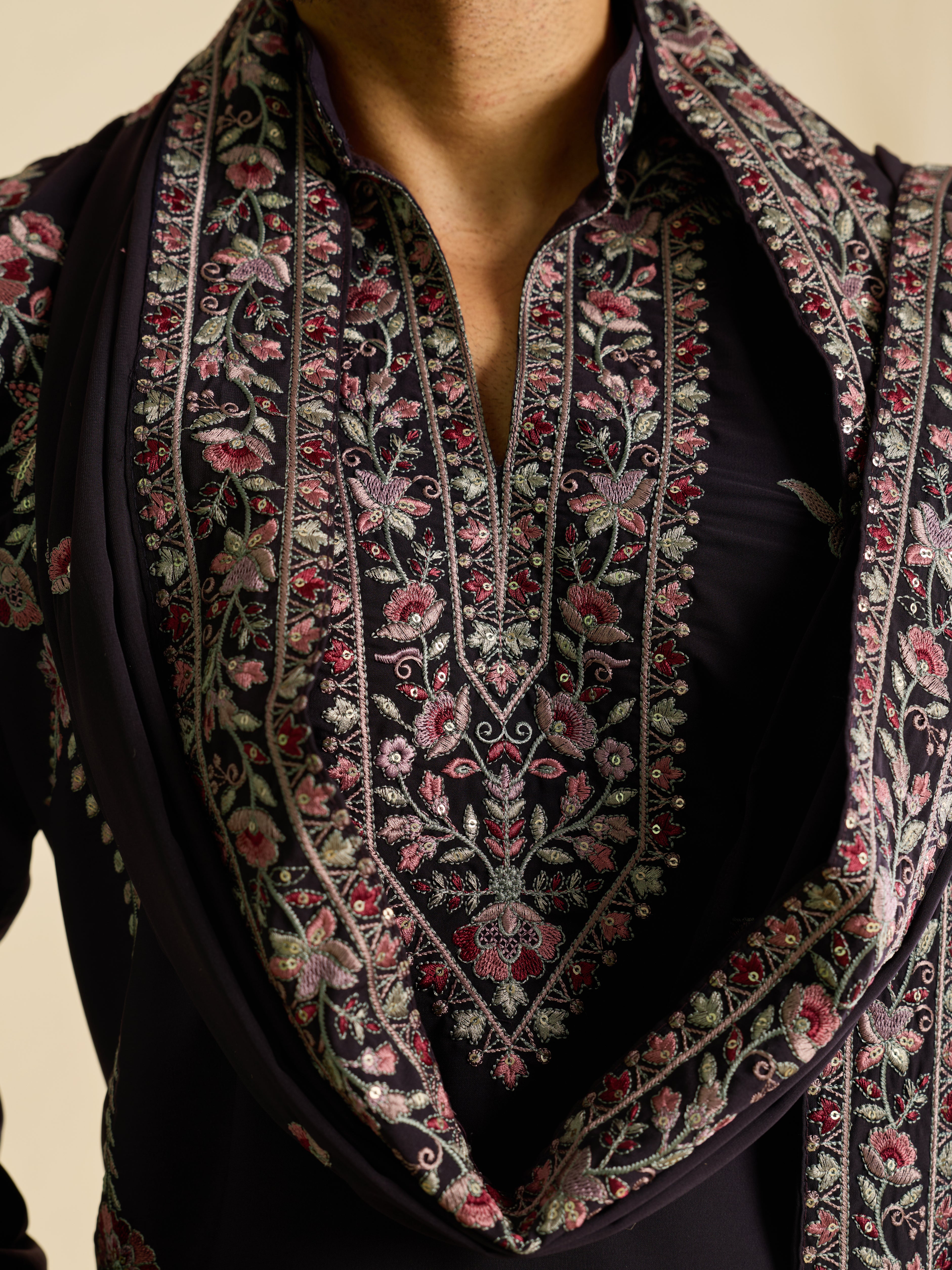 Bold Wine Japanese Lachka Embroidered Kurta Dupatta Pant Set
