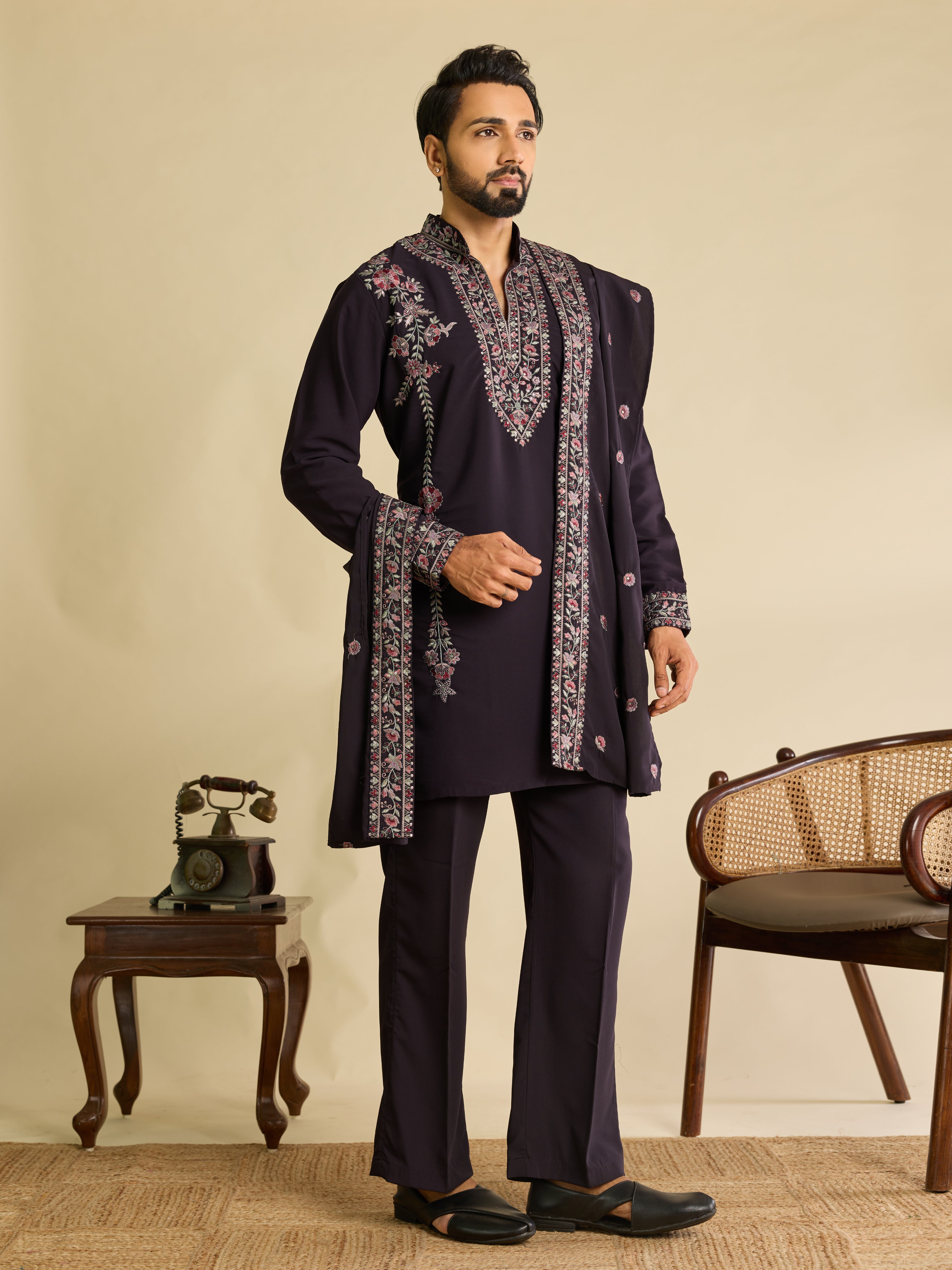 Bold Wine Japanese Lachka Embroidered Kurta Dupatta Pant Set
