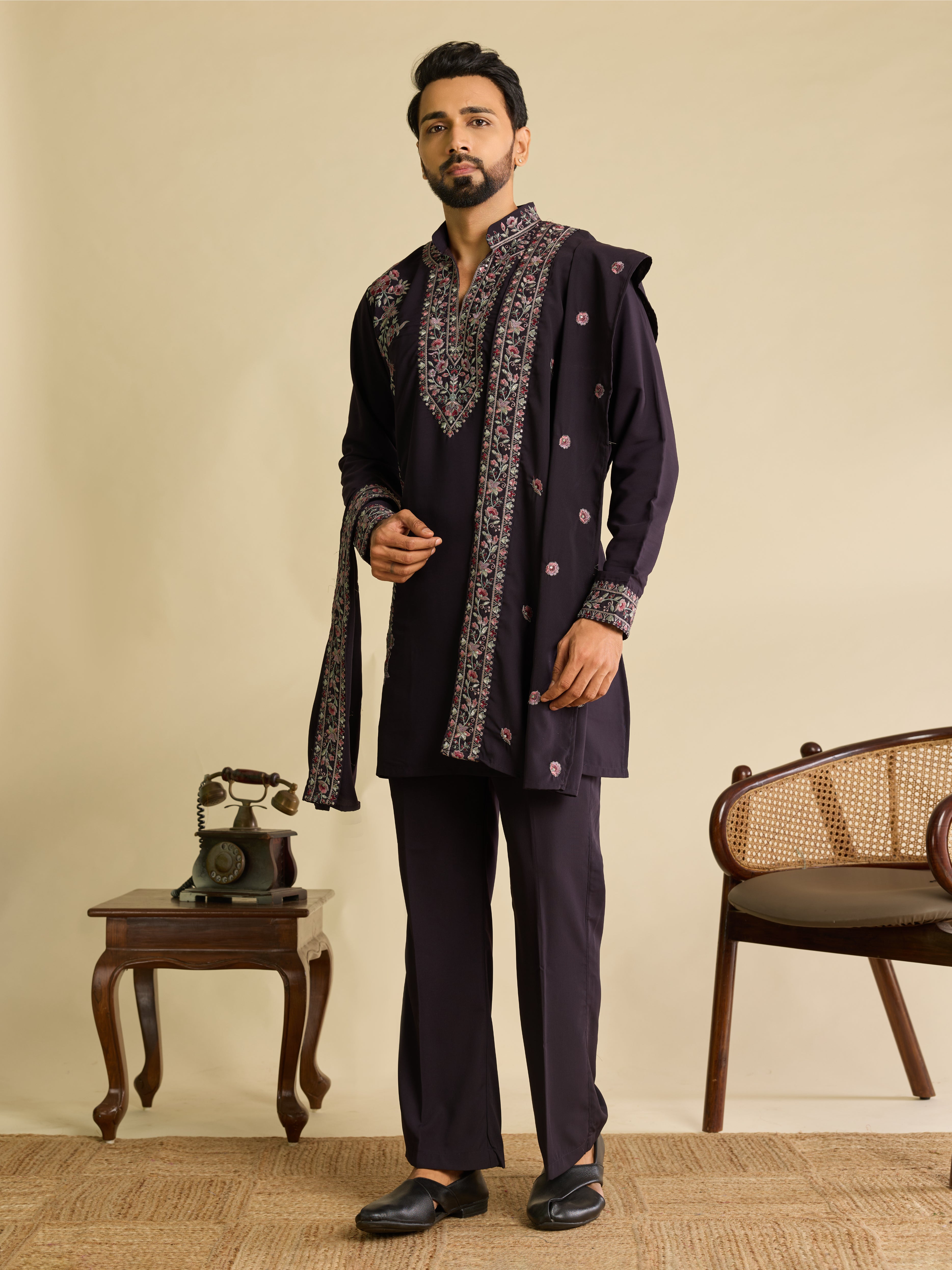 Bold Wine Japanese Lachka Embroidered Kurta Dupatta Pant Set

