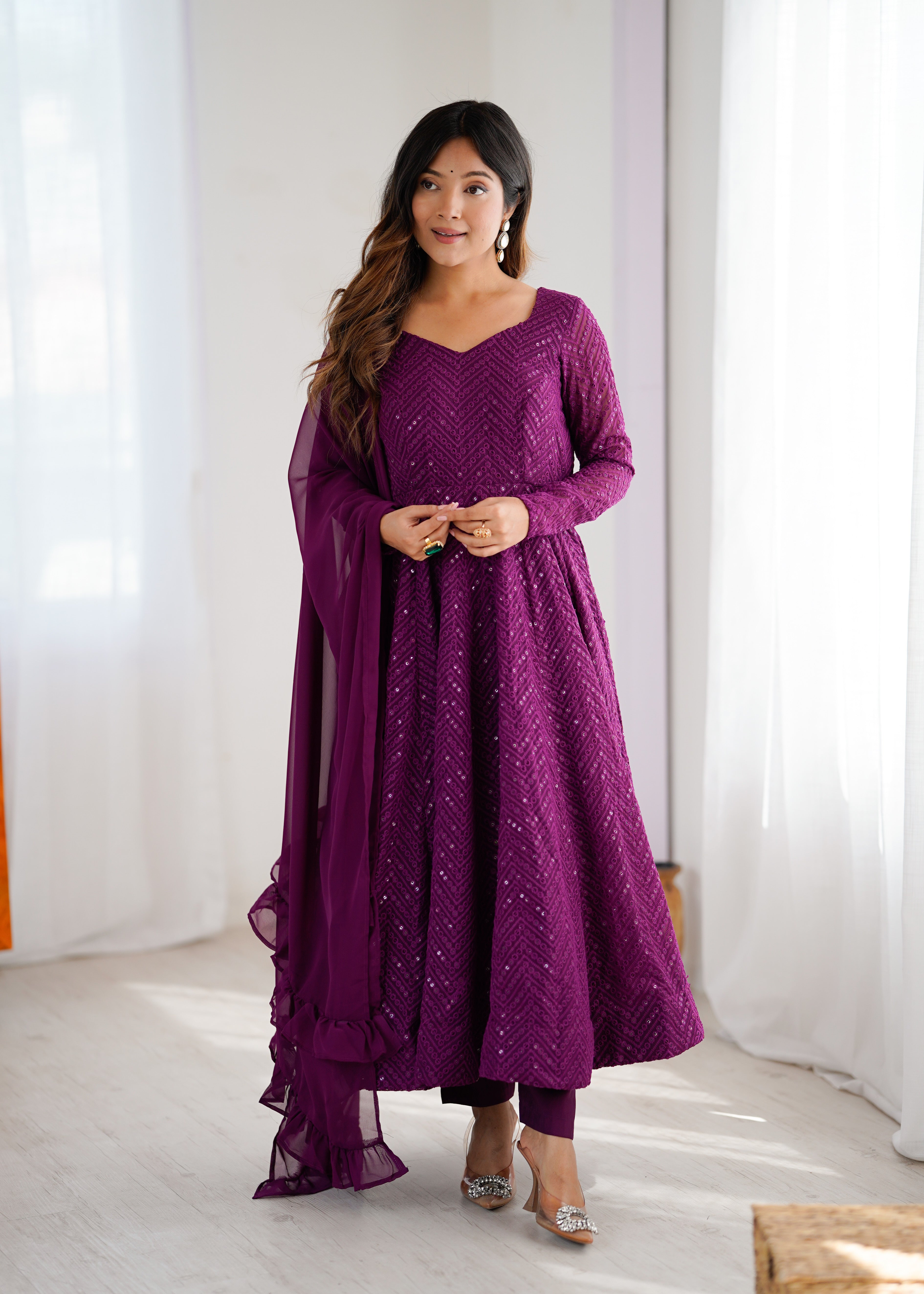 Lucknowi Elegance Wine Anarkali Suit
