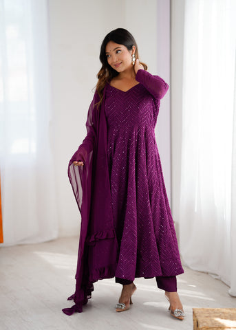 Lucknowi Elegance Wine Anarkali Suit