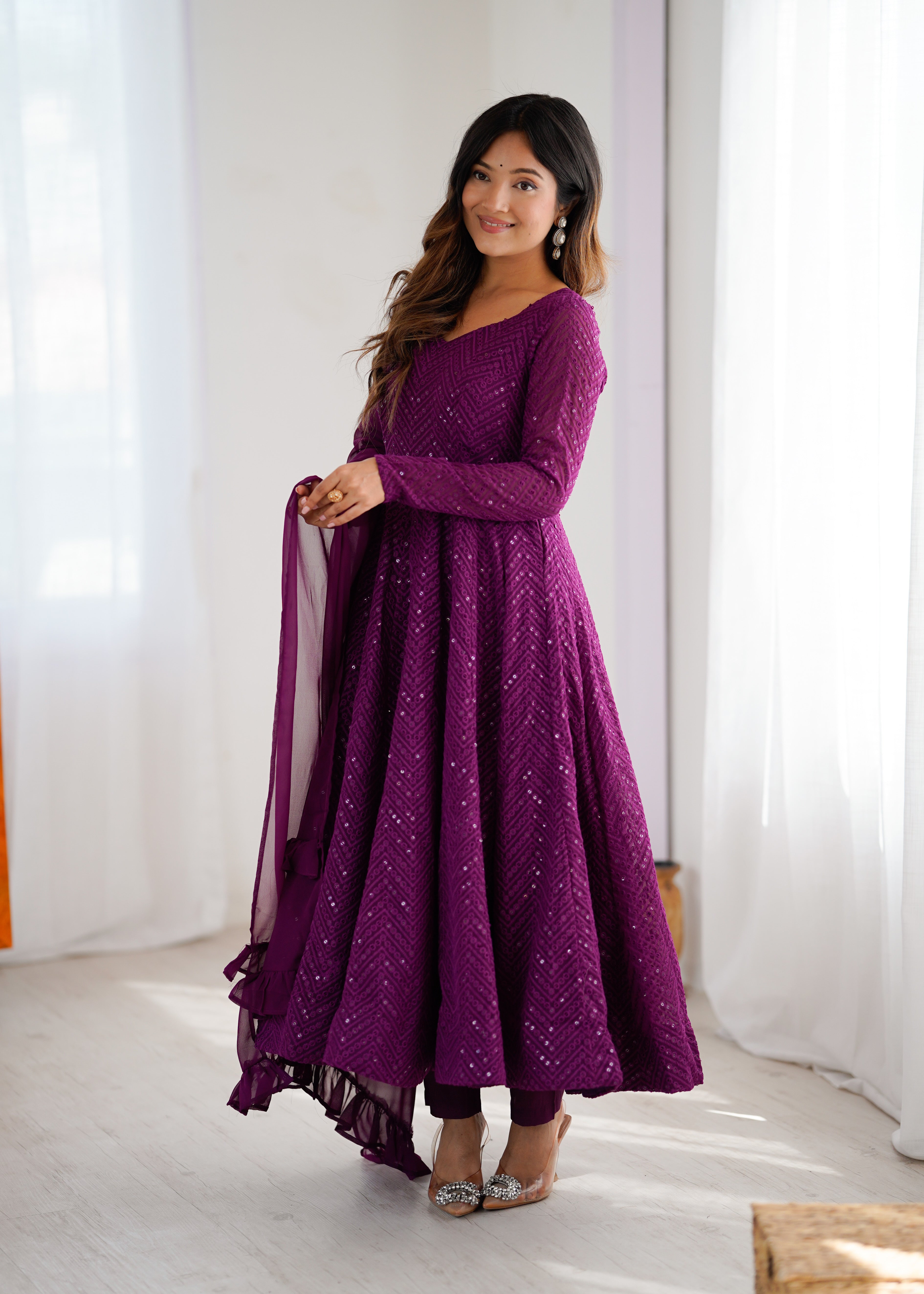 Lucknowi Elegance Wine Anarkali Suit