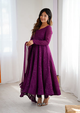 Lucknowi Elegance Wine Anarkali Suit
