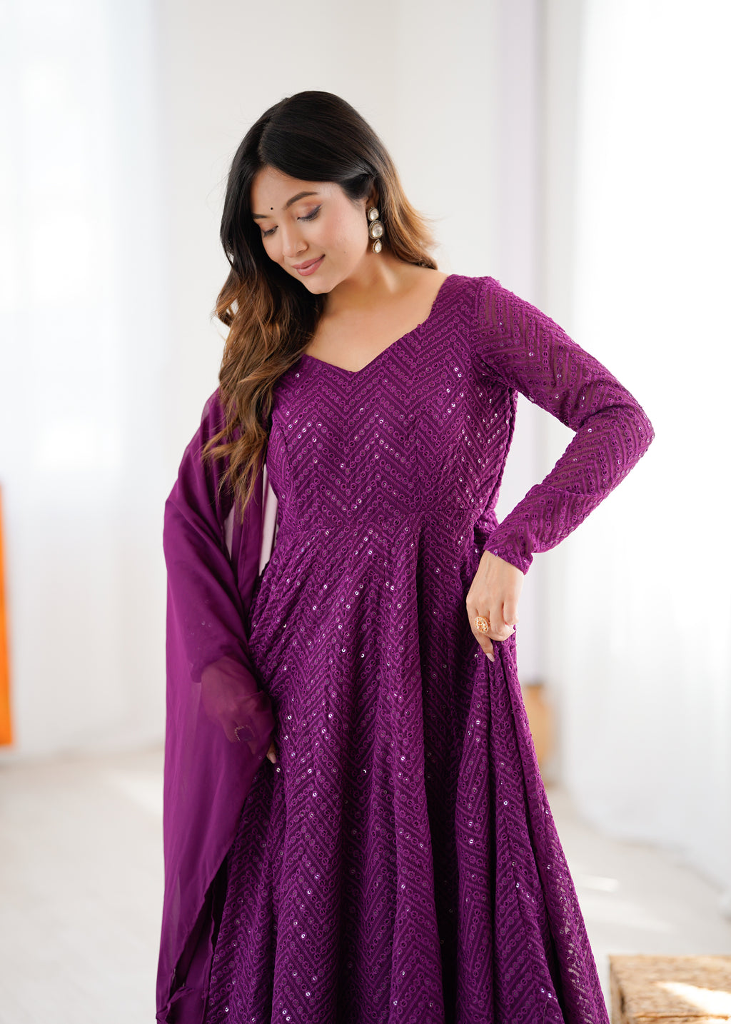Lucknowi Elegance Wine Anarkali Suit