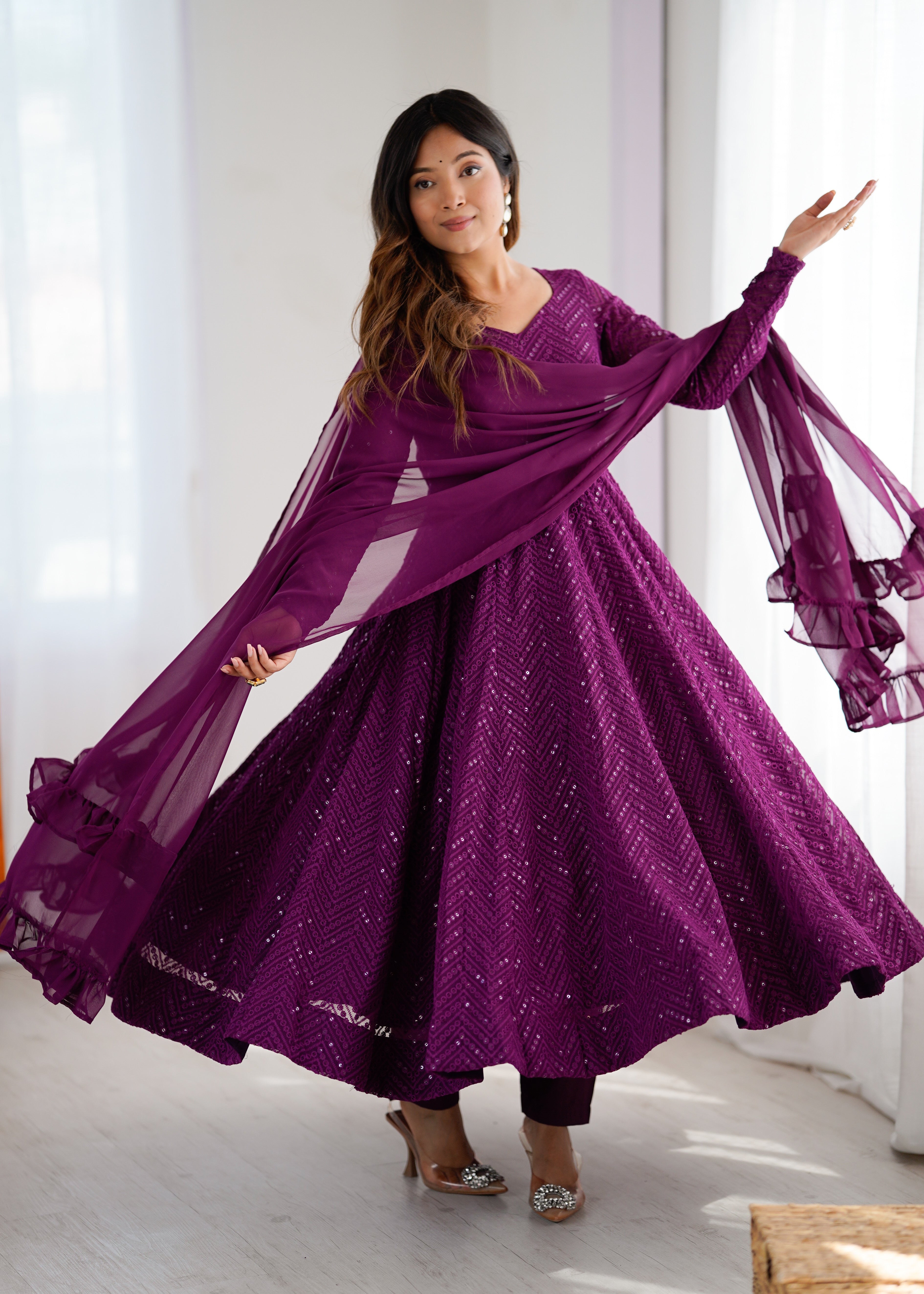Lucknowi Elegance Wine Anarkali Suit