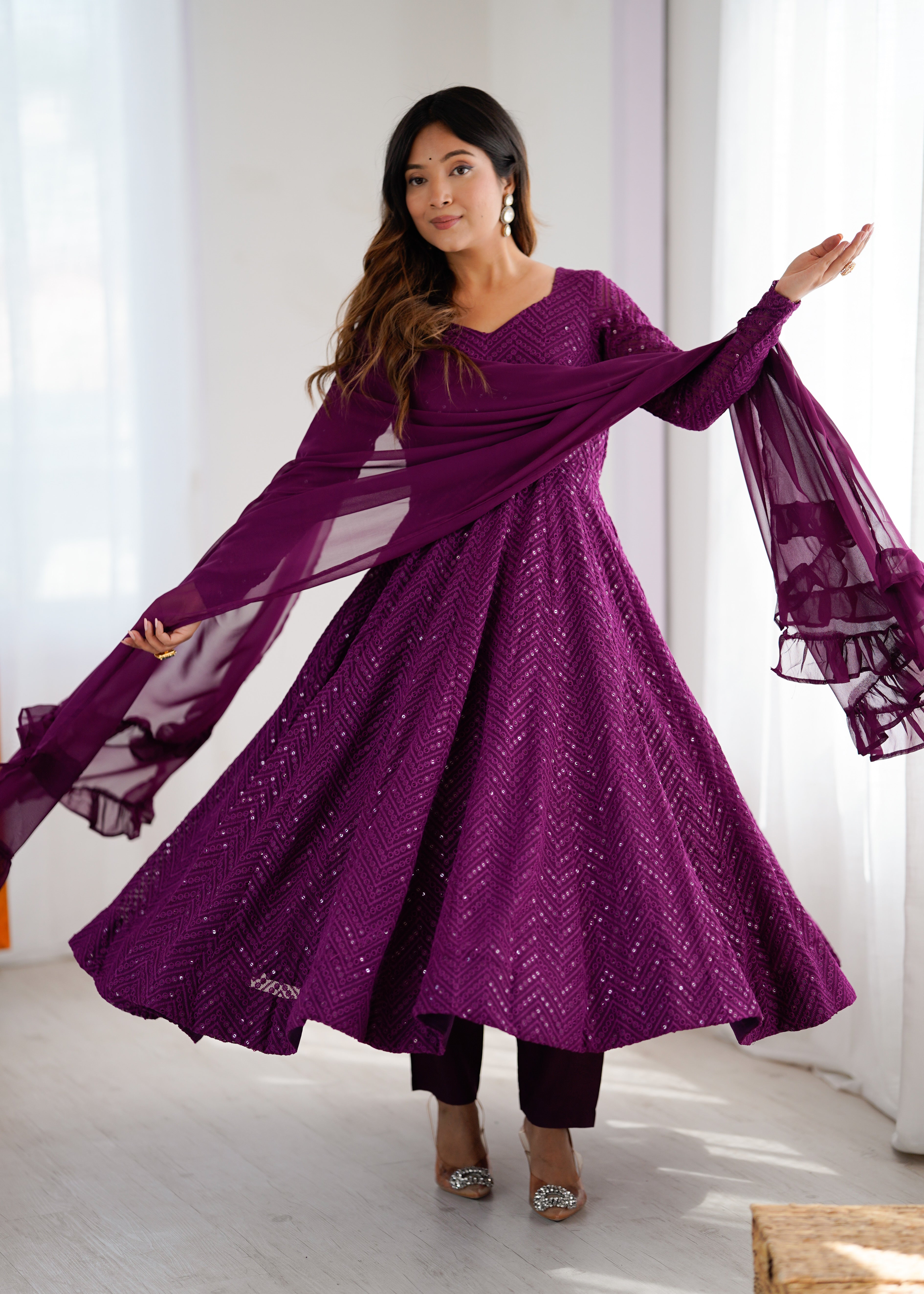 Lucknowi Elegance Wine Anarkali Suit