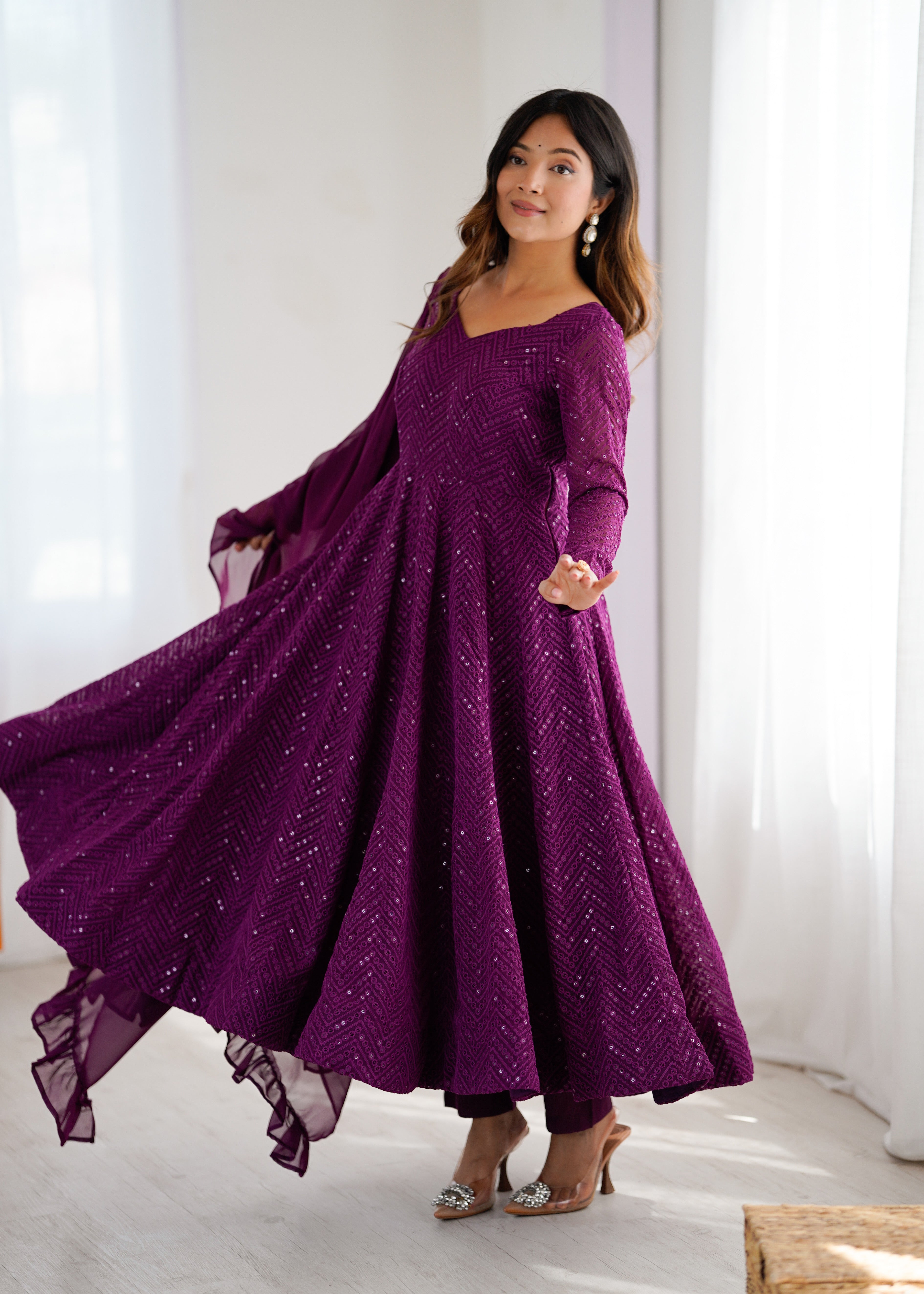 Lucknowi Elegance Wine Anarkali Suit
